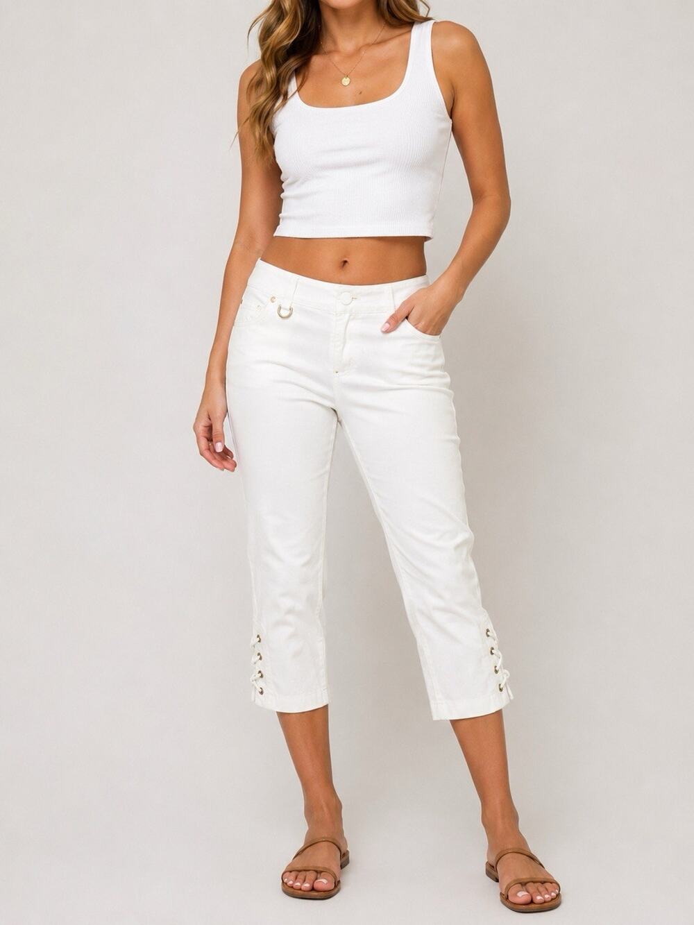 Caché Women’s Size 2 White Capri Pants Gold Hardware Lace Up Hem Stretch